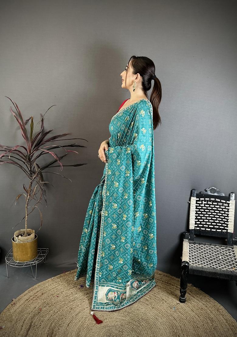 Rama Green Bandhani Silk Blend Saree Set - Indya