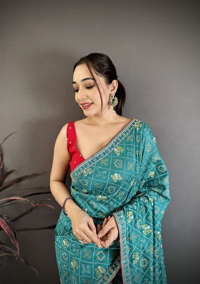 Rama Green Bandhani Silk Blend Saree Set for Diwali | Wedding & Festive Wear - Indya