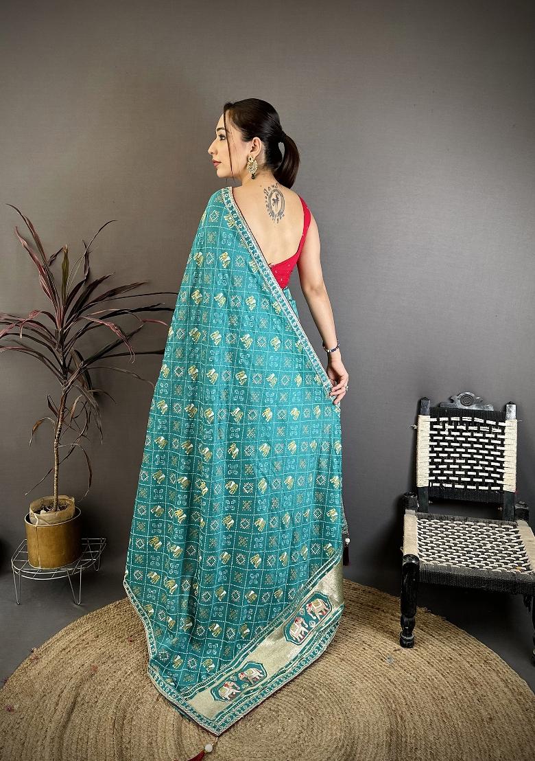 Rama Green Bandhani Silk Blend Saree Set - Indya