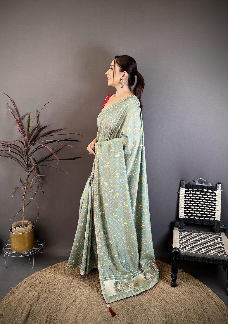Sea Green Bandhani Silk Blend Saree Set - Indya