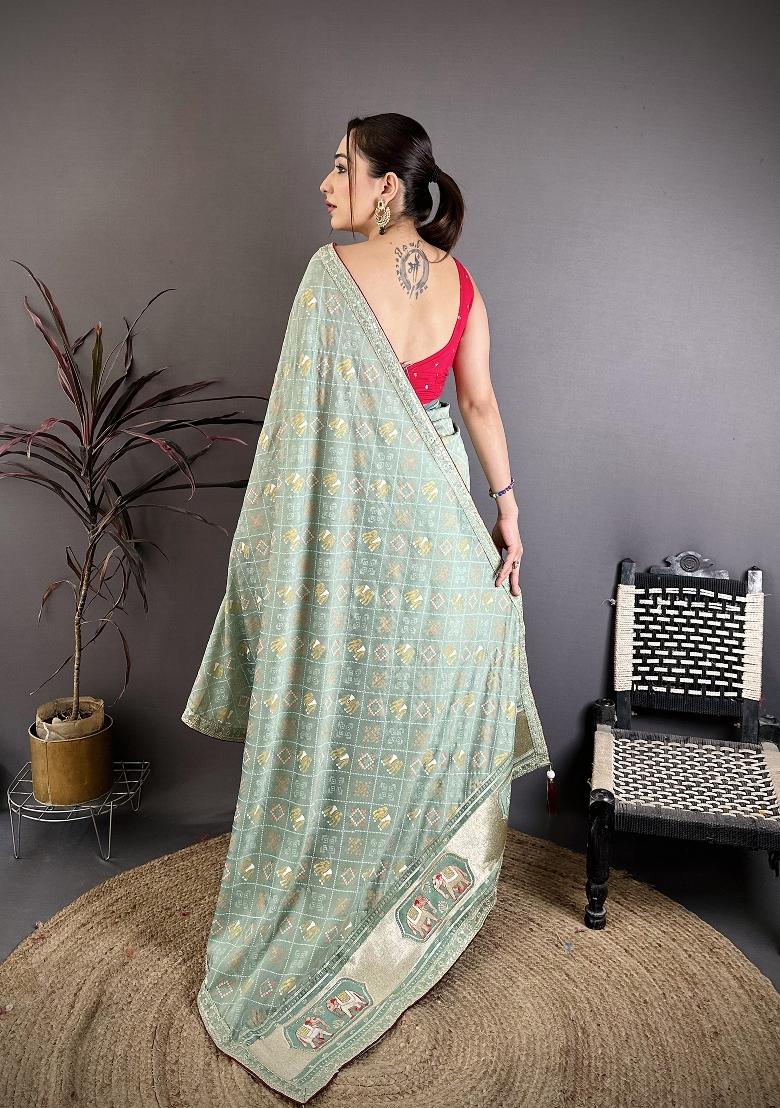 Sea Green Bandhani Silk Blend Saree Set - Indya