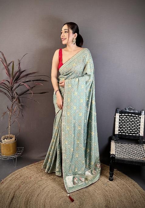 Sea Green Bandhani Silk Saree Set