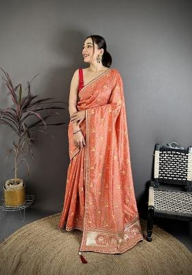 Peach Bandhani Silk Blend Saree Set