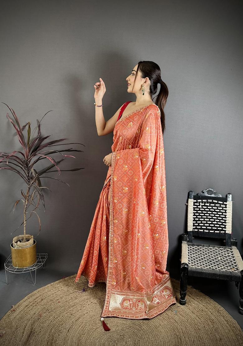 Peach Bandhani Silk Blend Saree Set - Indya