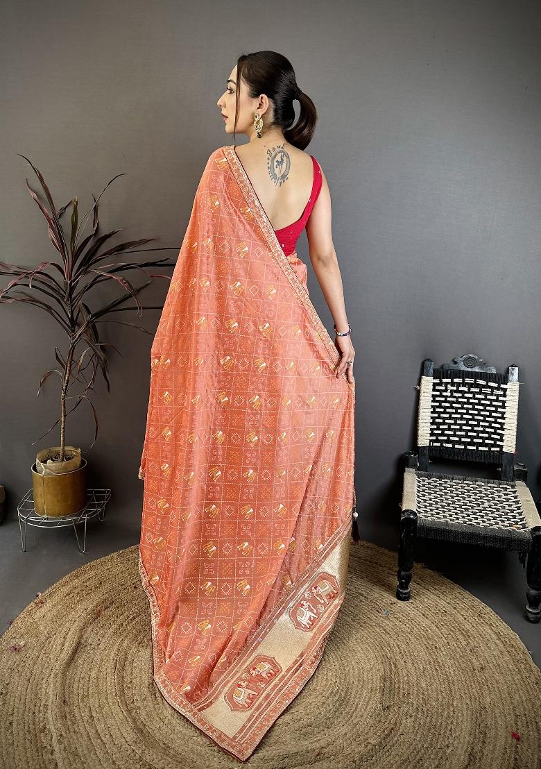 Peach Bandhani Silk Blend Saree Set - Indya