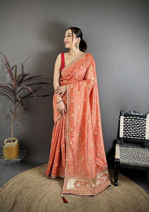 Peach Bandhani Silk Blend Saree Set