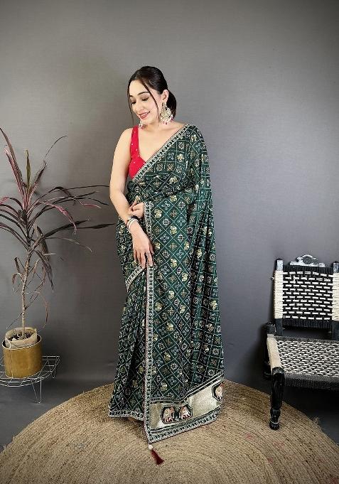 Emerald Green Bandhani Silk Blend Saree Set