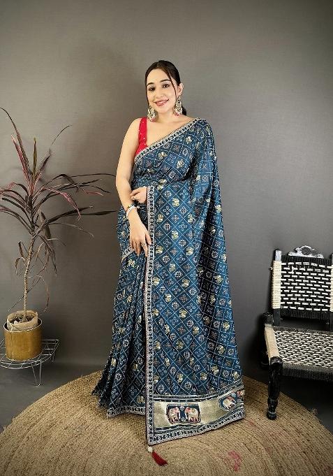 Peacock Blue Bandhani Silk Blend Saree Set