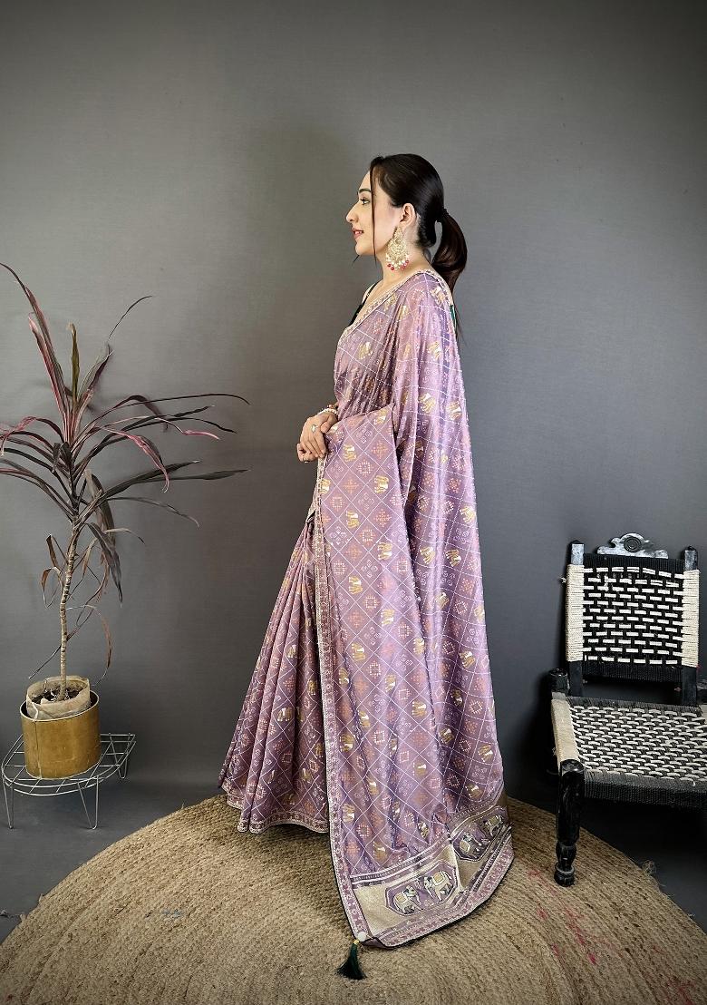 Lavender Bandhani Silk Blend Saree Set - Indya