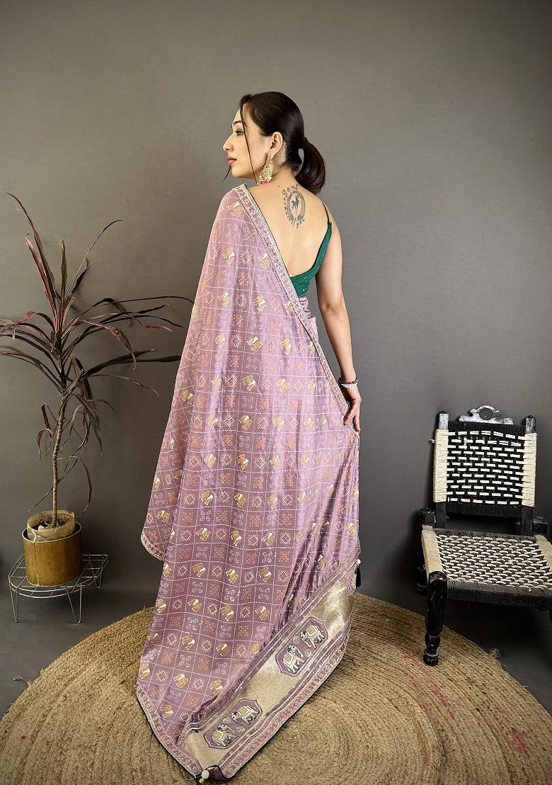 Lavender Bandhani Silk Blend Saree Set - Indya