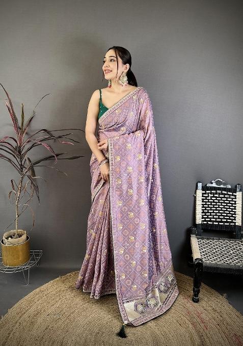 Lavender Bandhani Silk Blend Saree Set