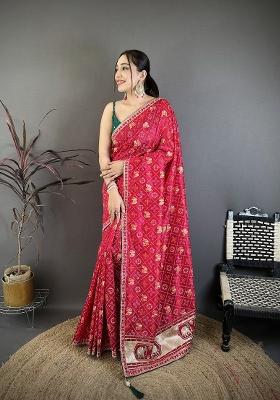 Hot Pink Bandhani Silk Blend Saree Set