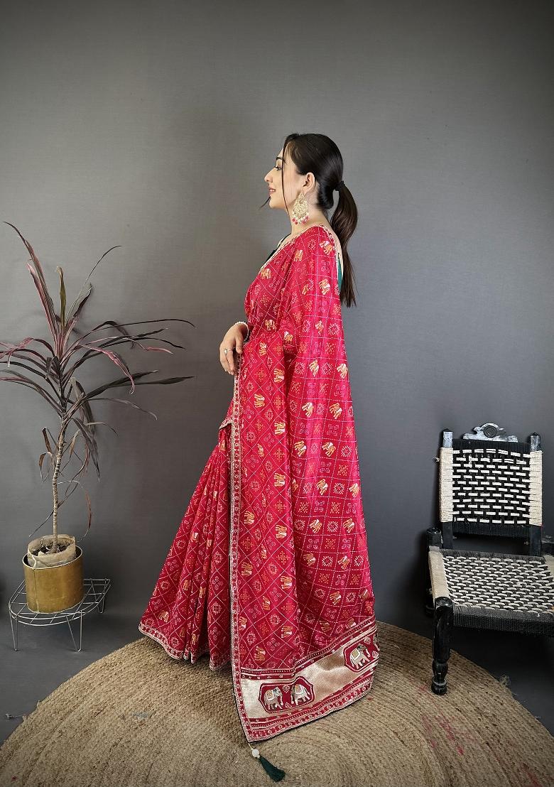 Hot Pink Bandhani Silk Blend Saree Set - Indya