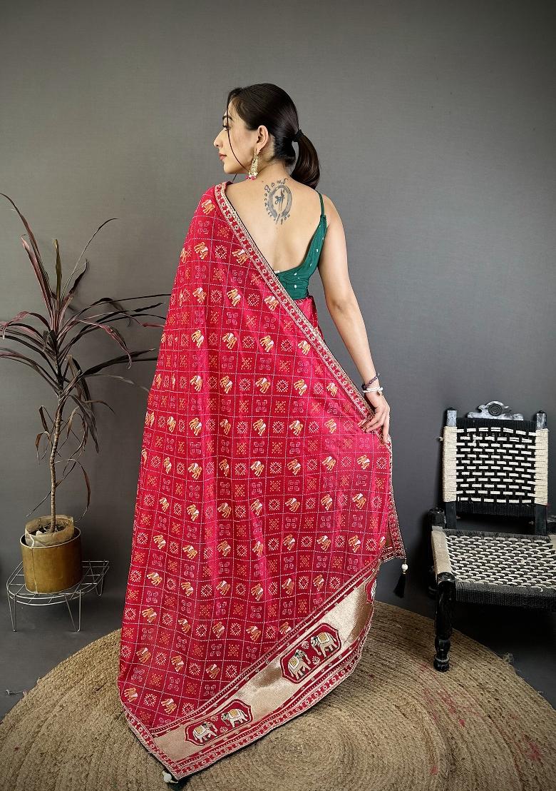 Hot Pink Bandhani Silk Blend Saree Set - Indya