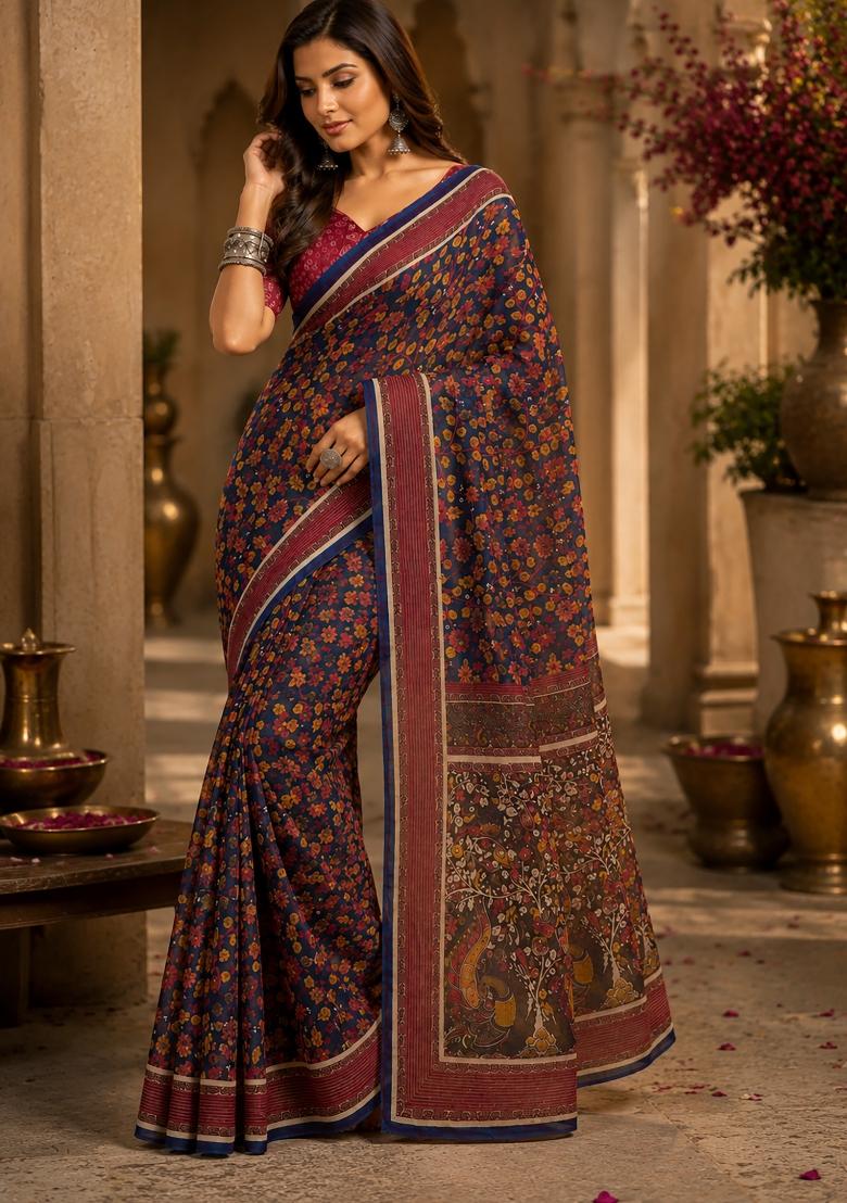 Navy Blue Floral Print Chanderi Saree Set - Indya