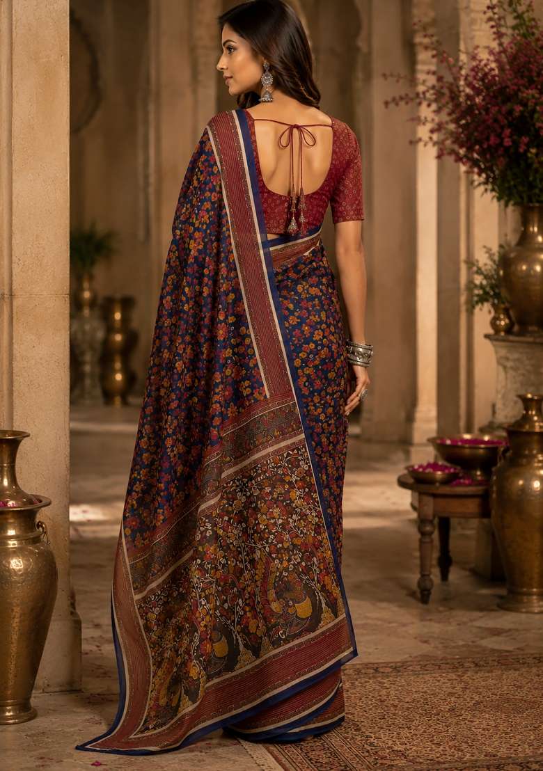 Navy Blue Floral Print Chanderi Saree Set for Diwali and Festive Wear - Indya