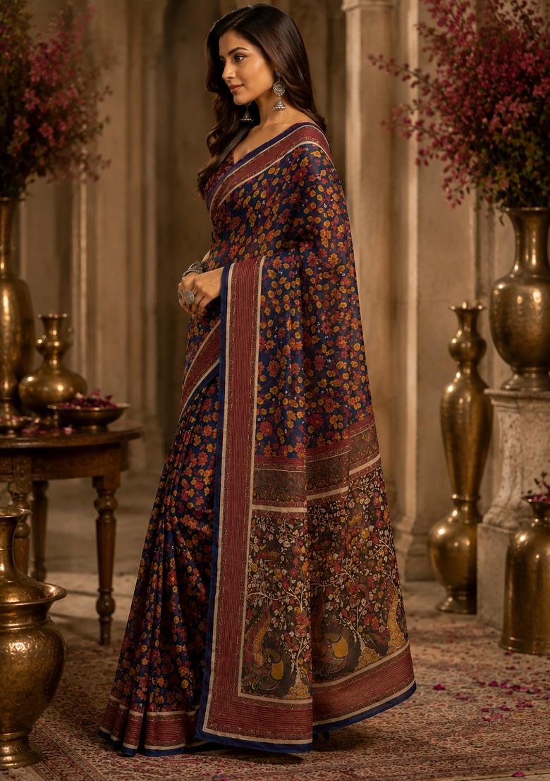 Navy Blue Floral Print Chanderi Saree Set - Indya
