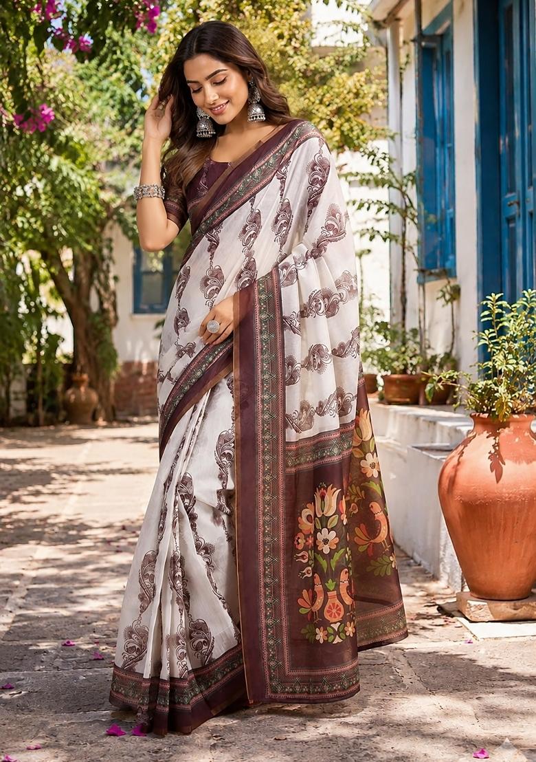 Off White Floral Print Chanderi Saree Set - Indya
