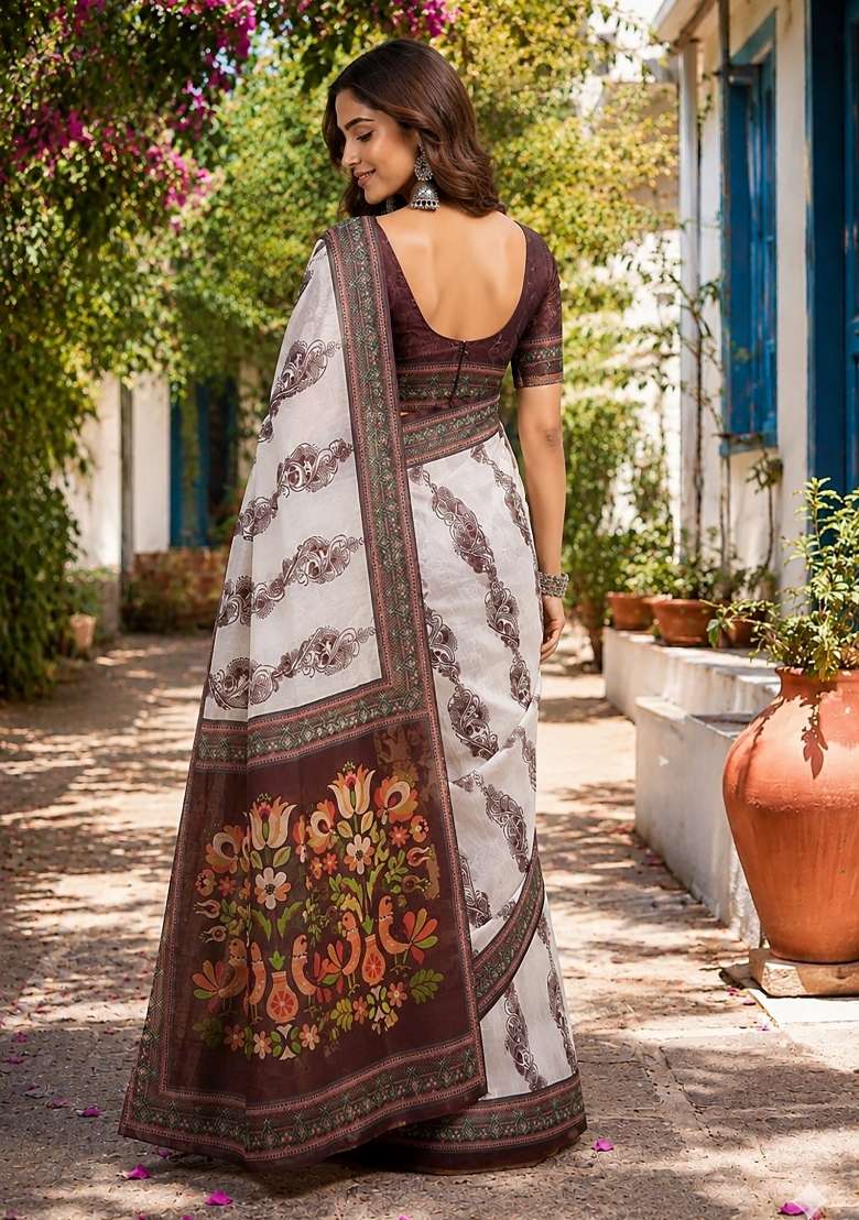 Off White Chanderi Saree Set with Floral Print for Diwali | Wedding & Festive Wear - Indya