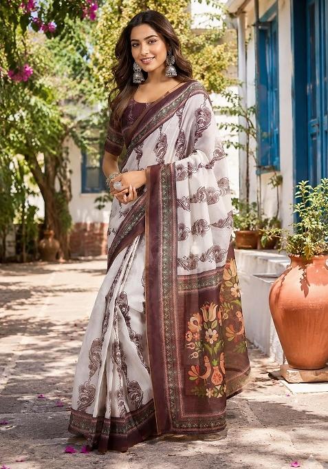 Off White Floral Print Chanderi Saree Set