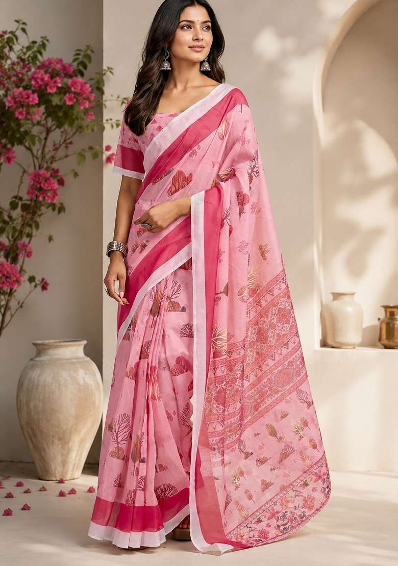 Baby Pink Chanderi Saree Set with Floral Print for Diwali | Wedding & Festive Wear - Indya