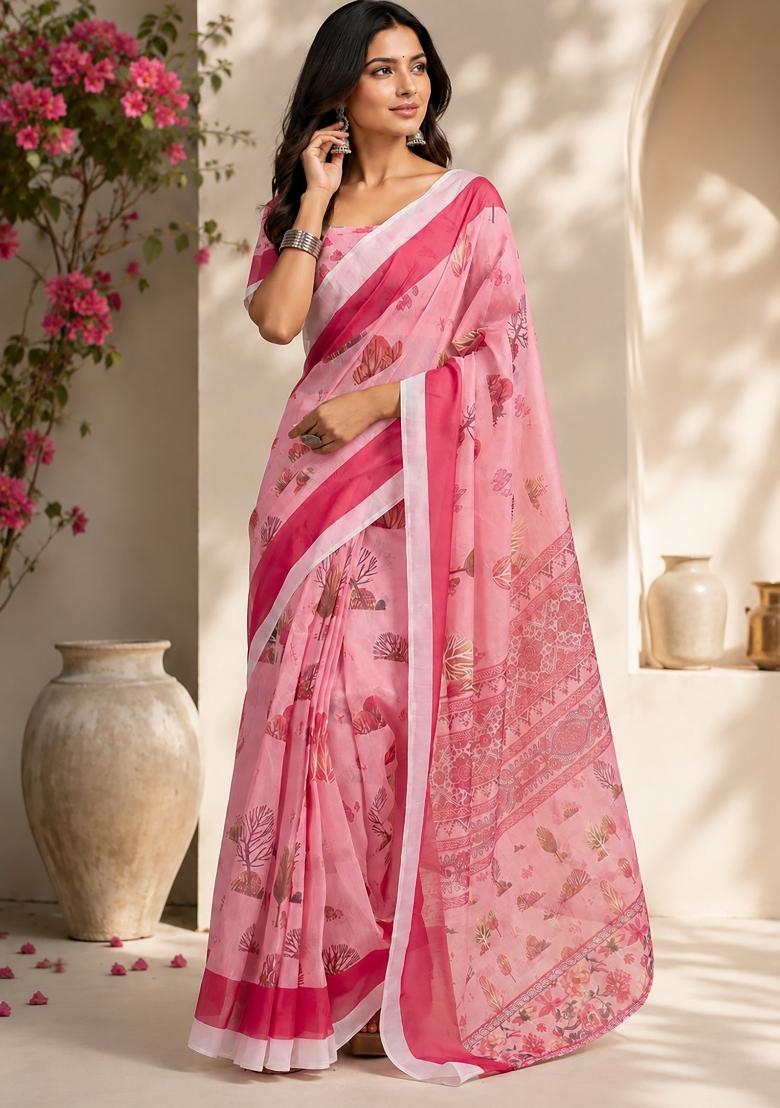 Baby Pink Floral Print Chanderi Saree Set - Indya