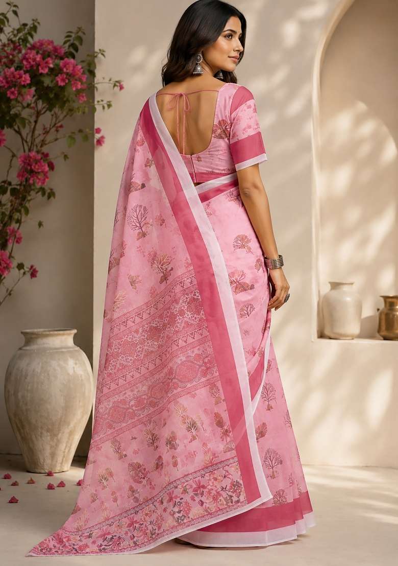Baby Pink Chanderi Saree Set with Floral Print for Diwali | Wedding & Festive Wear - Indya