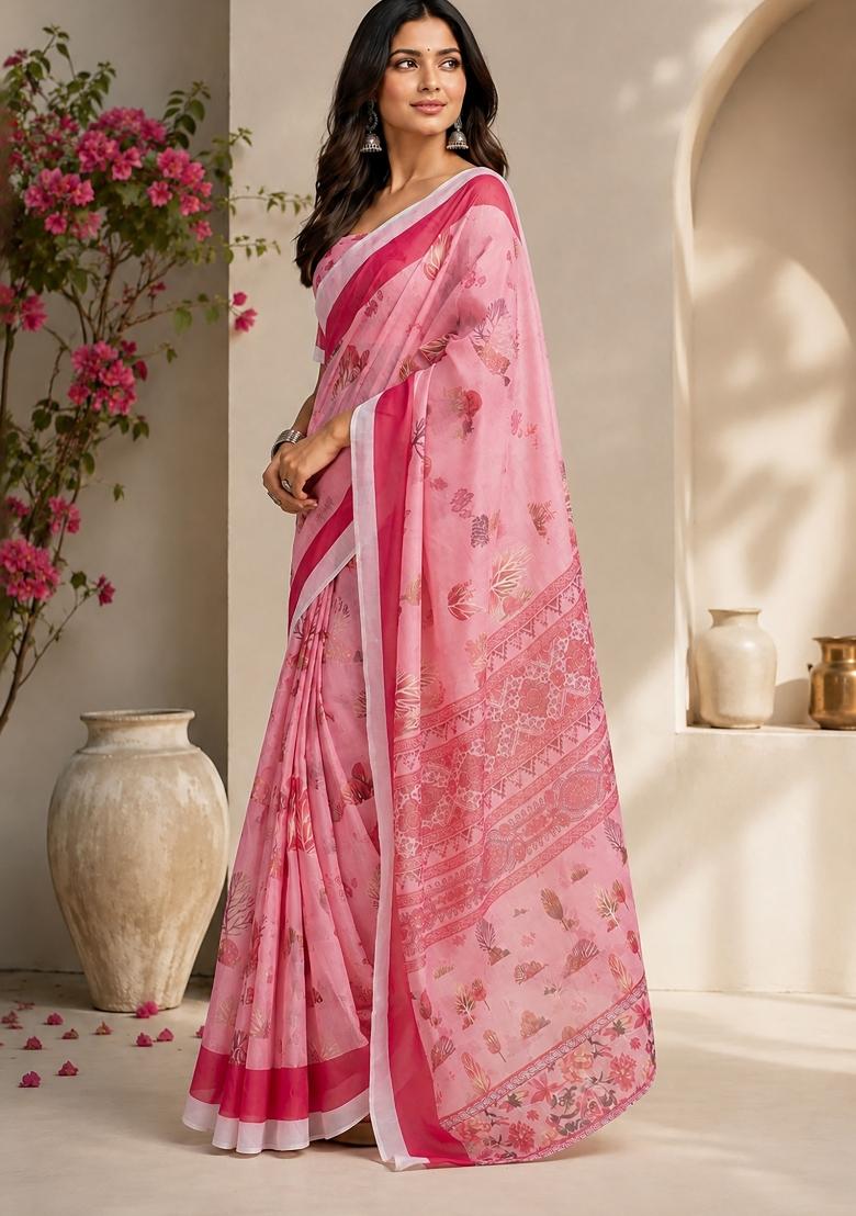 Baby Pink Floral Print Chanderi Saree Set - Indya