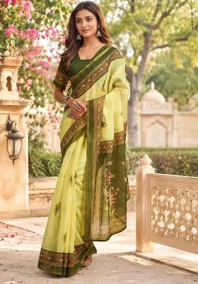 Lemon Green Motifs Chanderi Saree Set