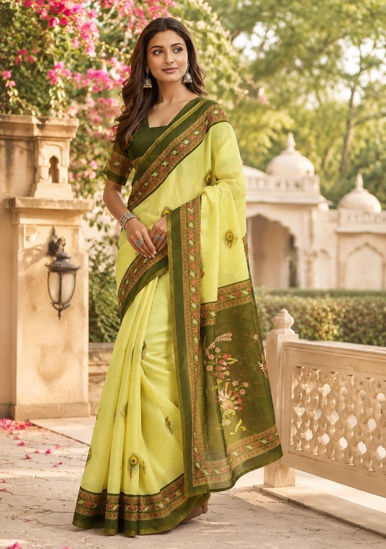 Lemon Green Motifs Chanderi Saree Set - Indya