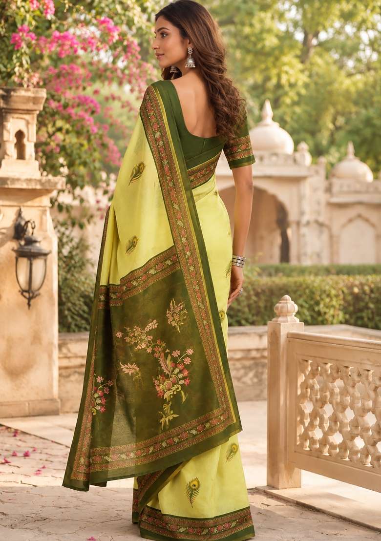 Lemon Green Motifs Chanderi Saree Set for Diwali | Wedding & Festive Wear - Indya