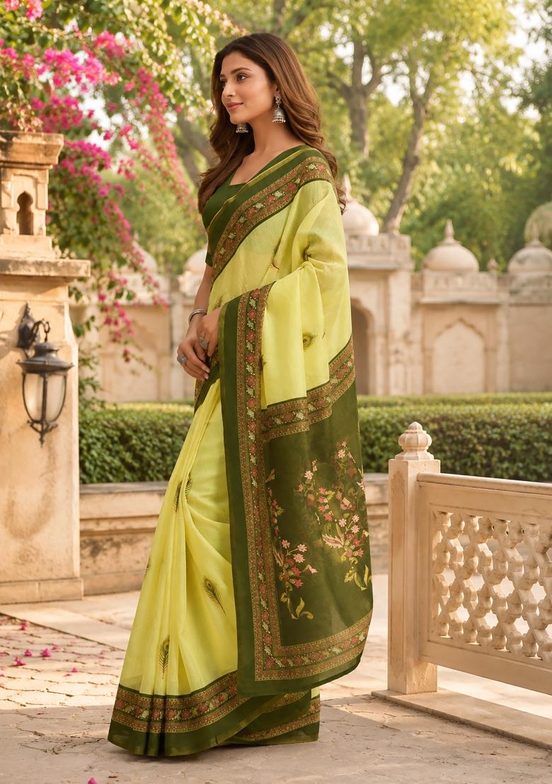 Lemon Green Motifs Chanderi Saree Set - Indya