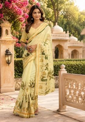 Creamy Yellow Floral Print Chanderi Saree Set