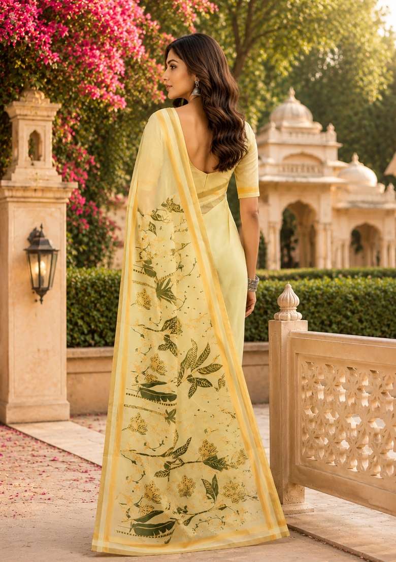Creamy Yellow Chanderi Saree Set with Floral Print for Diwali | Wedding & Festive Wear - Indya
