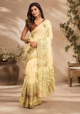 Light Beige Kalamkari Chanderi Saree Set