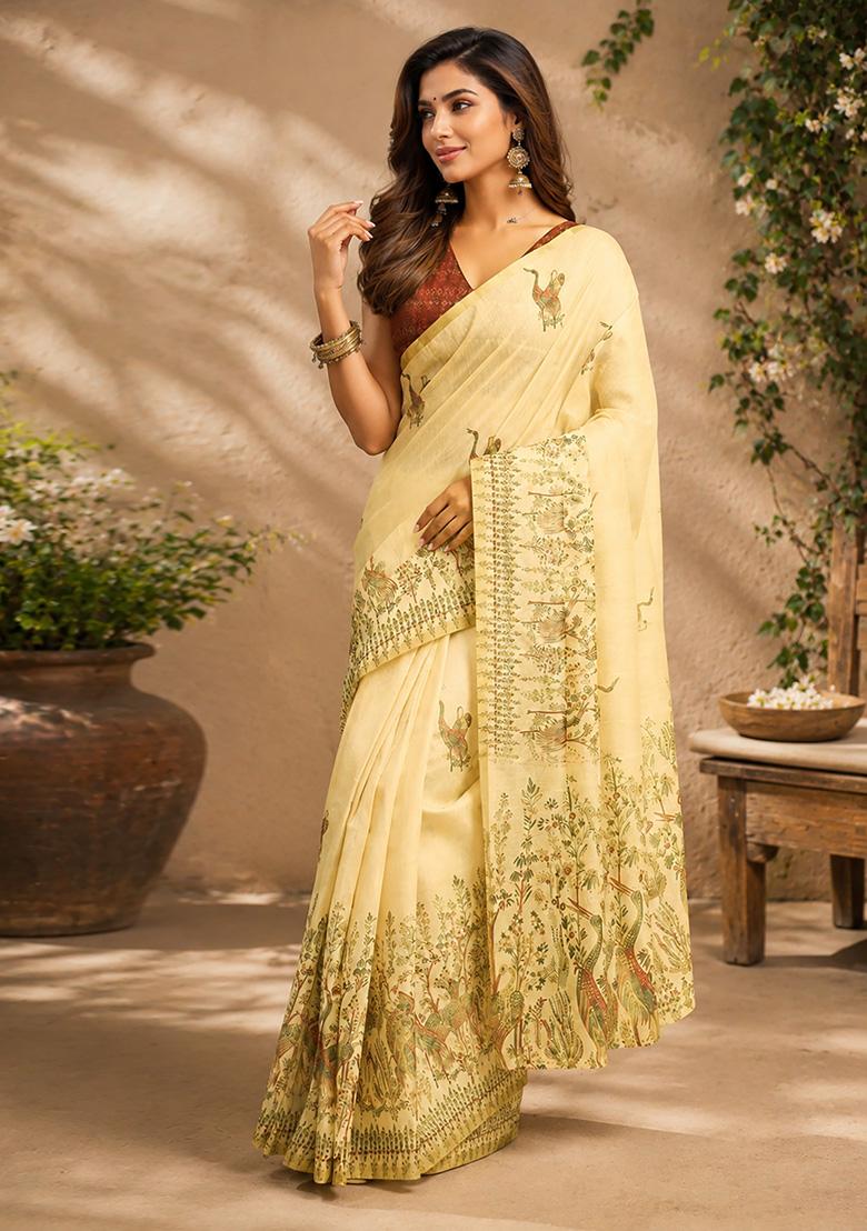 Light Beige Kalamkari Chanderi Saree Set - Indya