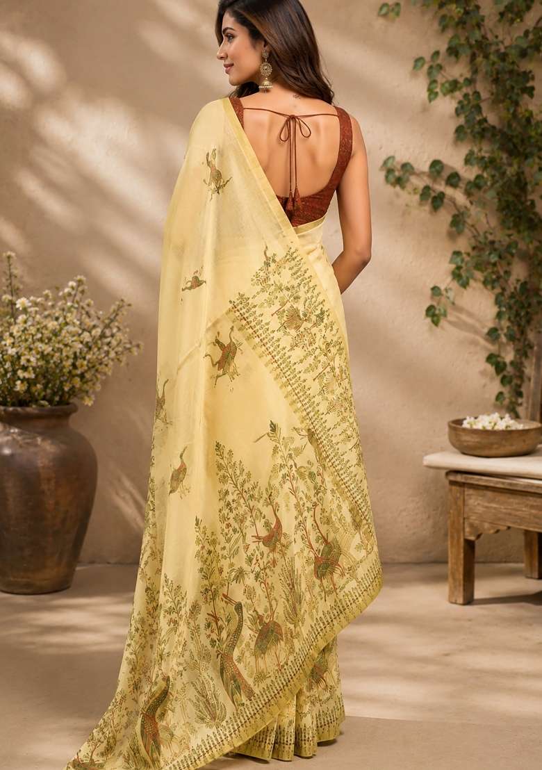 Light Beige Kalamkari Chanderi Saree Set for Diwali | Wedding & Festive Wear - Indya