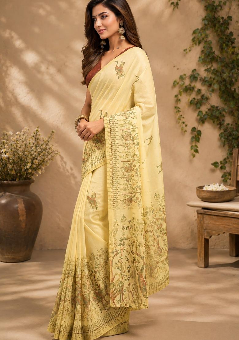 Light Beige Kalamkari Chanderi Saree Set - Indya