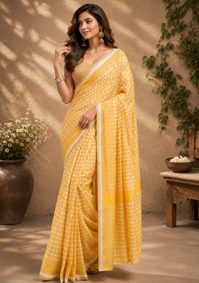 Mustard Yellow Checked Chanderi Saree Set - Indya