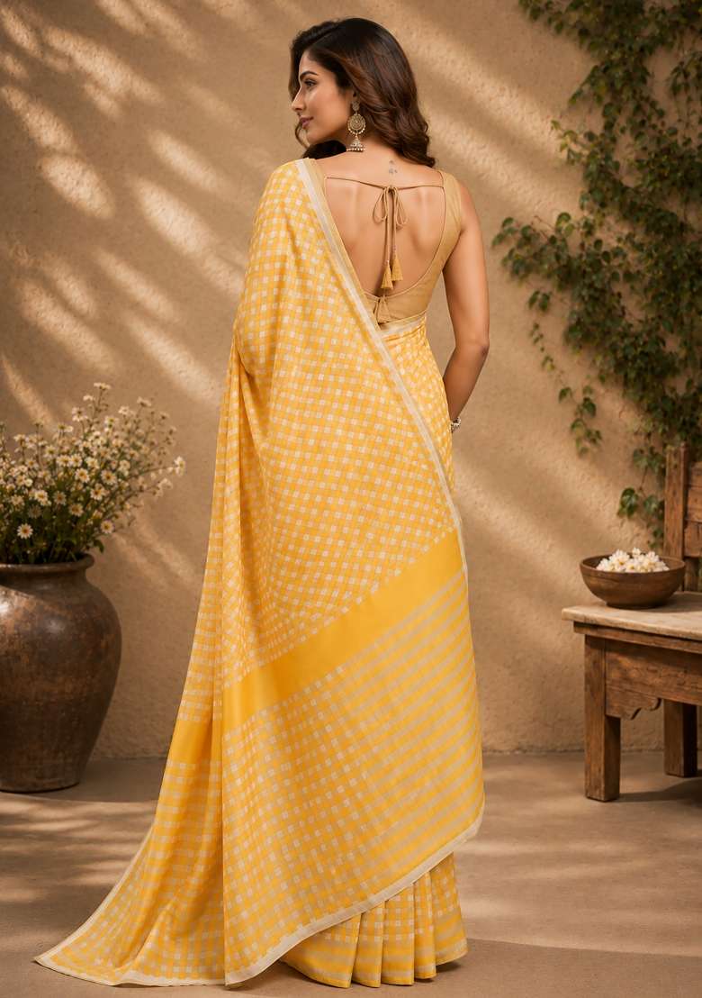 Mustard Yellow Checked Chanderi Saree Set for Diwali and Festive Wear - Indya