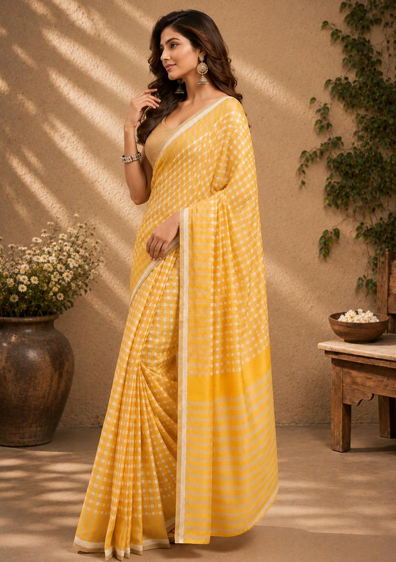 Mustard Yellow Checked Chanderi Saree Set - Indya