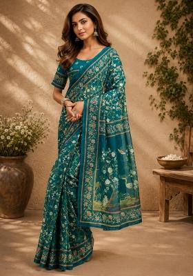 Deep Teal Floral Print Chanderi Saree Set