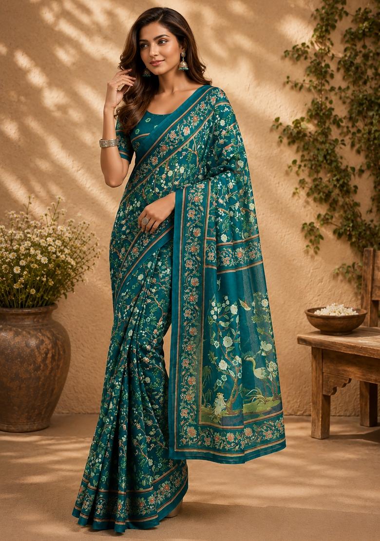 Deep Teal Floral Print Chanderi Saree Set - Indya