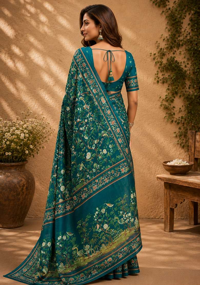 Deep Teal Floral Print Chanderi Saree Set for Diwali and Festive Wear - Indya
