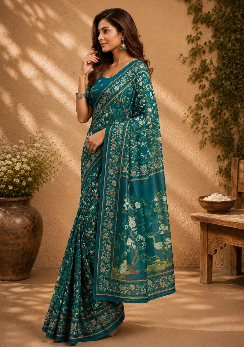 Deep Teal Floral Print Chanderi Saree Set - Indya