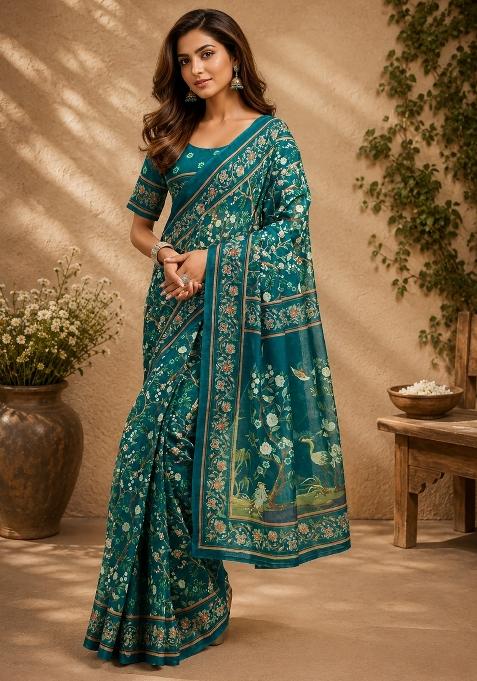 Deep Teal Floral Print Chanderi Saree Set
