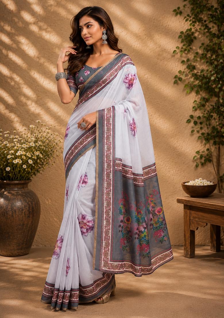 Off White Floral Print Chanderi Saree Set - Indya