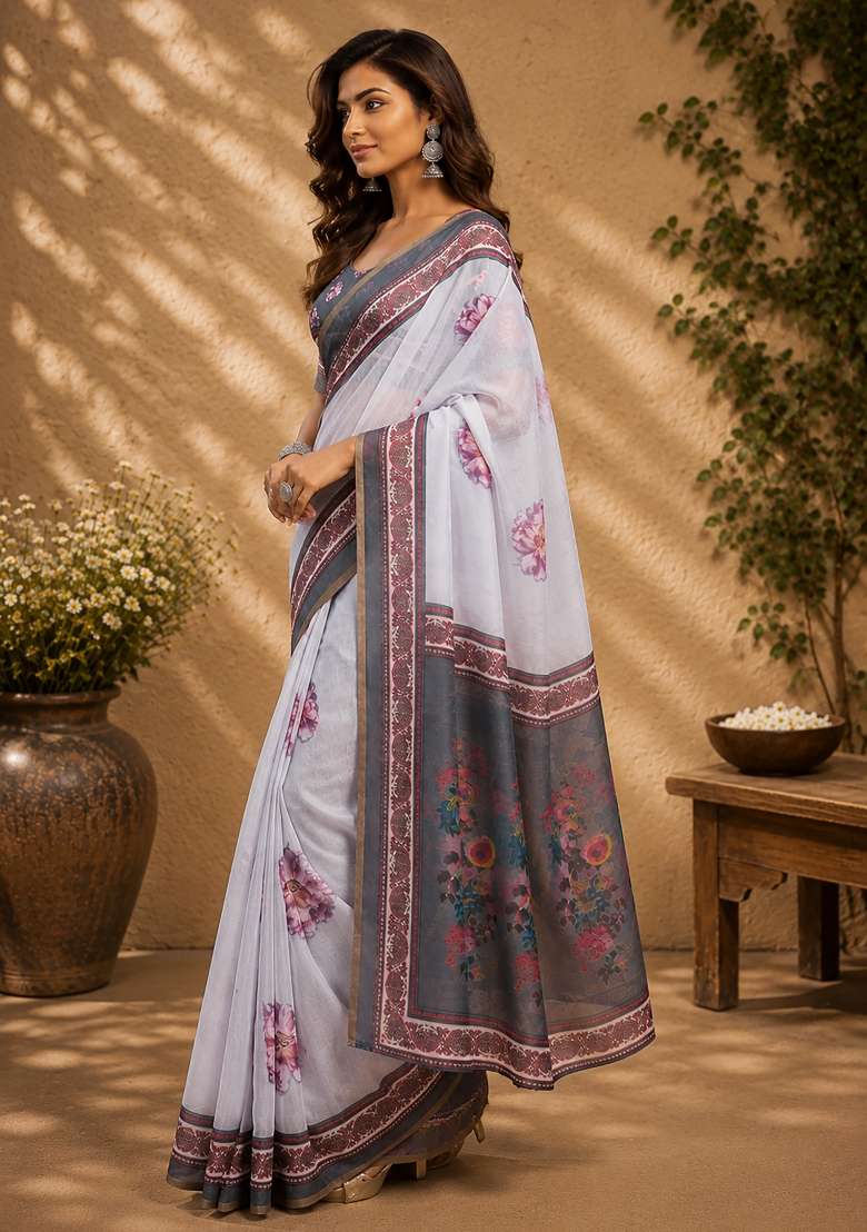 Off White Chanderi Saree Set with Floral Print for Diwali | Wedding & Festive Wear - Indya