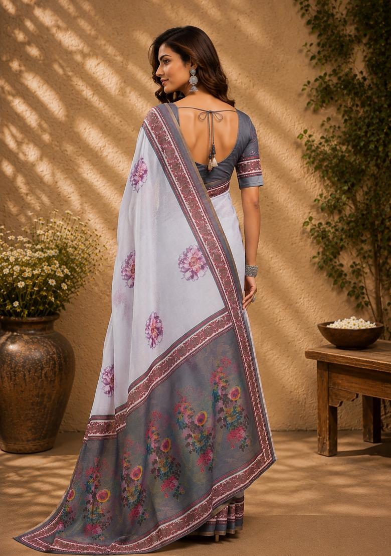Off White Floral Print Chanderi Saree Set - Indya