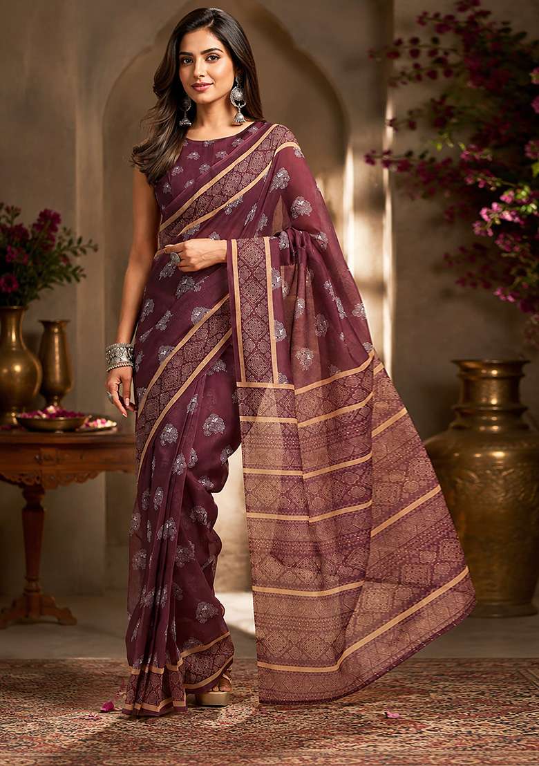Burgundy Woven Butti Chanderi Saree Set for Diwali | Wedding & Festive Wear - Indya